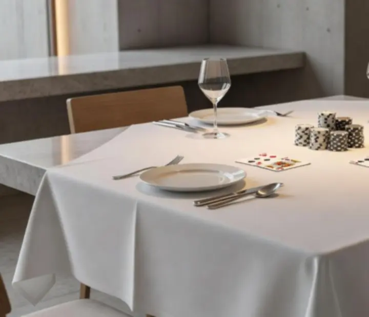 Ambiance de table à Maison Cerisier, cartes posées et verres alignés sur une nappe claire