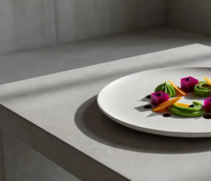 Assiette gastronomique géométrique servie chez Maison Cerisier
