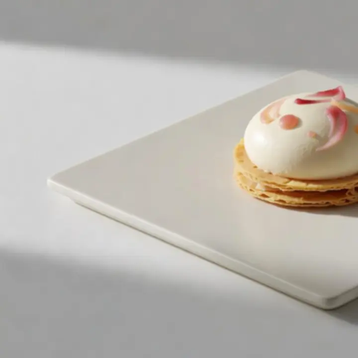 Dessert minimaliste dressé avec précision chez Maison Cerisier