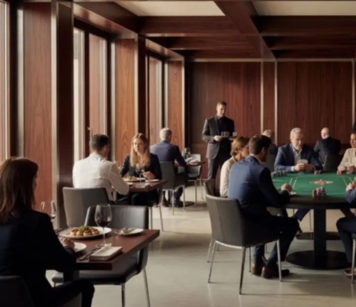 Vue géométrique de la salle de Maison Cerisier avec cuisine ouverte et tables de poker social