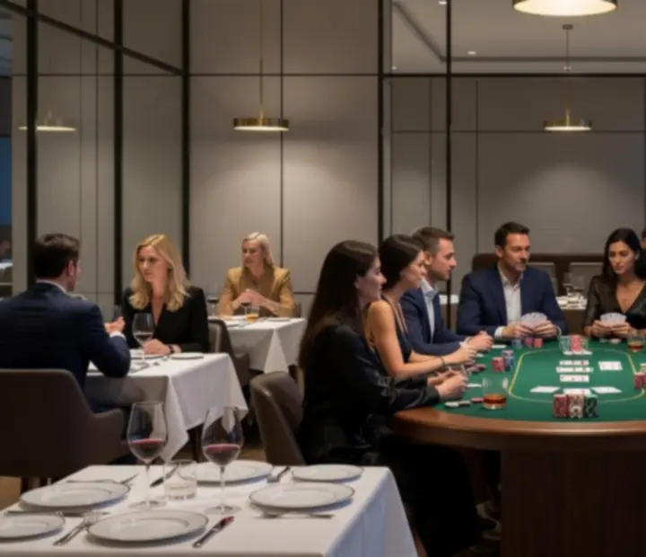 Salle de restaurant géométrique avec table de poker dressée