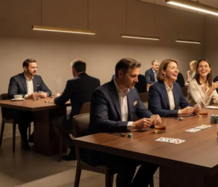 Ambiance feutrée d'une soirée poker à Maison Cerisier, éclairage précis et décor sobre.