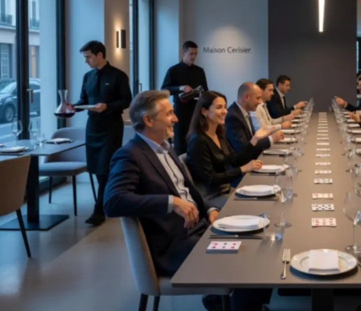 Vue d'ensemble d'une table de poker avec service de restauration chez Maison Cerisier.