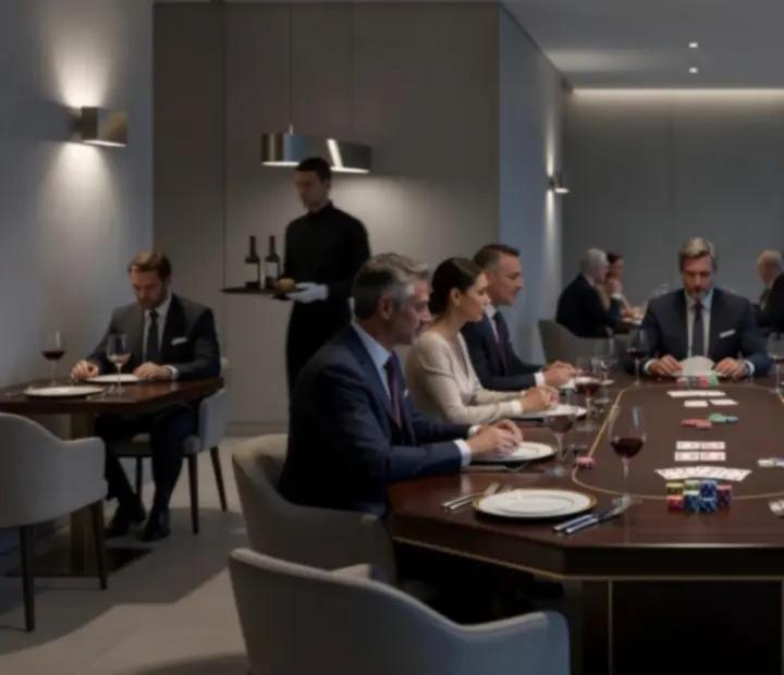 Grande table dressée pour une soirée poker et dîner dans une salle feutrée de Maison Cerisier