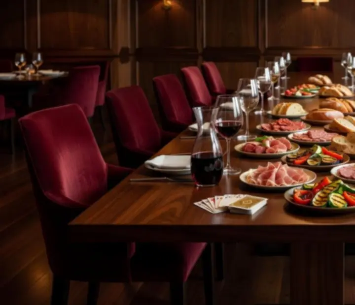 Assiettes à partager disposées sur une table de poker chez Maison Cerisier