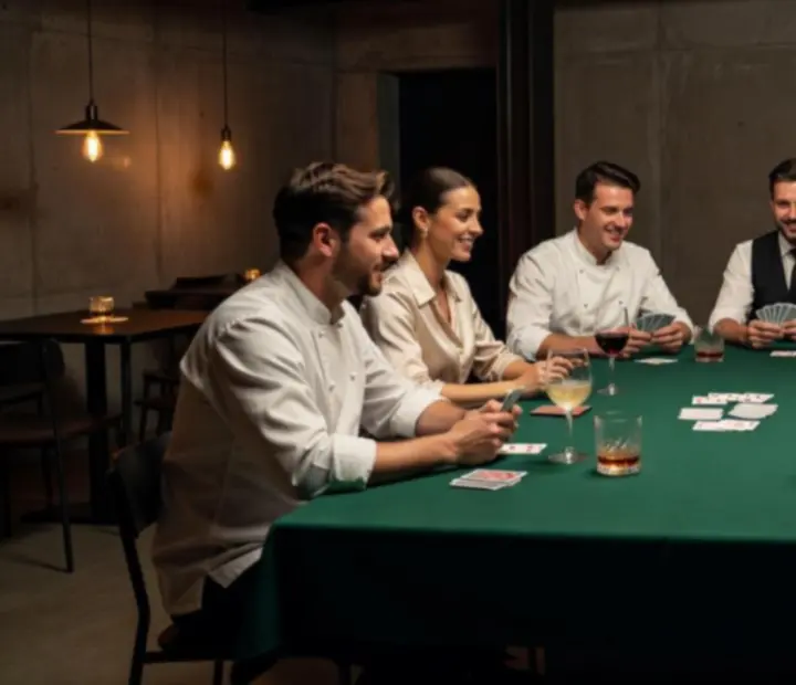Équipe de Maison Cerisier encadrant une soirée poker conviviale autour d'une grande table.
