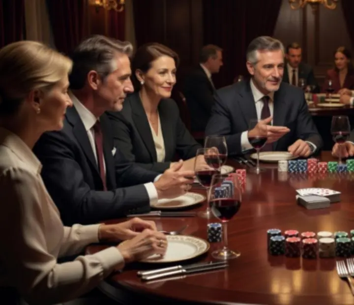 Salon calme avec table de poker et verres dressés pour la soirée