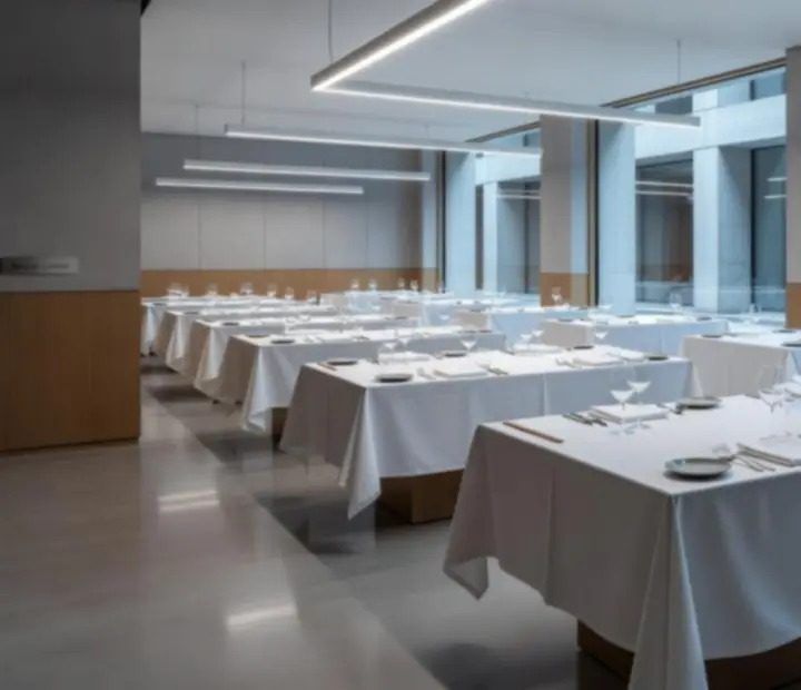 Salle privatisée de Maison Cerisier, table dressée dans une ambiance architecturale sobre