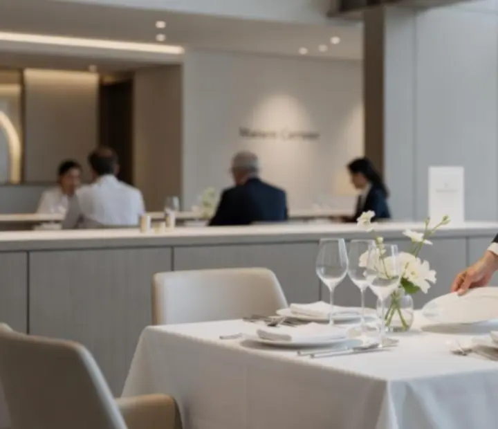 Service en salle précis au sein de Maison Cerisier, avec dressage de table en soirée.