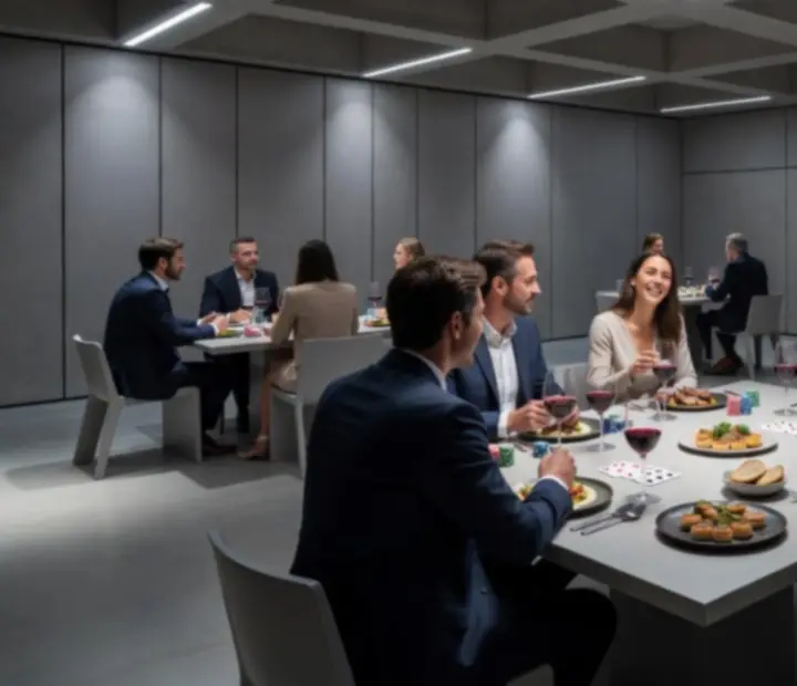 Salle de restaurant Maison Cerisier avec table de poker dressée pour la soirée